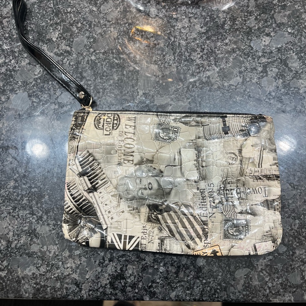 Black and White Croc-Embossed Wristlet